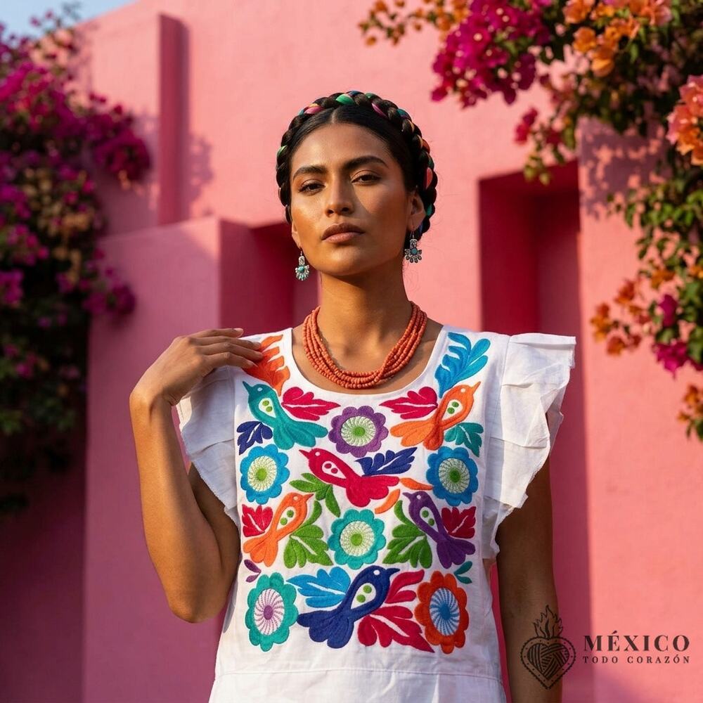 Traditional Mexican Huipil style Blouse – Handmade Embroidered Manta Top S M L